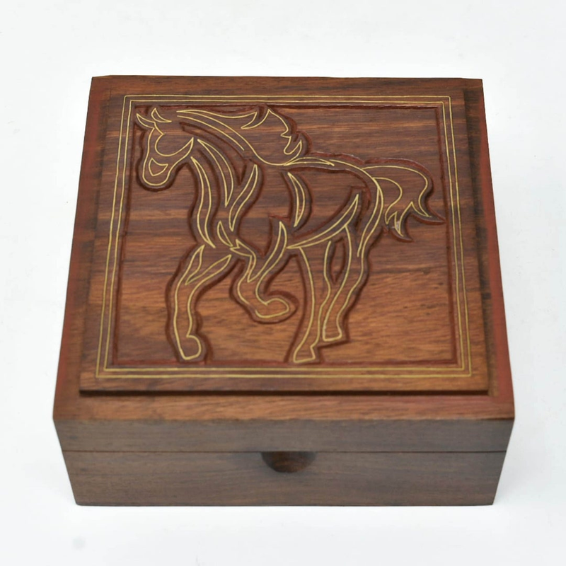 Hand Engraved Inlaid Brass Chips Wooden Box Horse Keepsake Jewelry Organizer &Storage -5x5 Inch